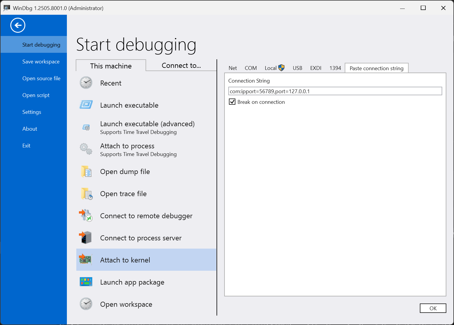 Windbg KD Connection Dialog